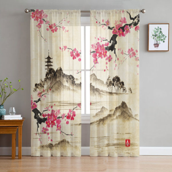 Rideau transparent paysage floral style chinois 12397 o6voip