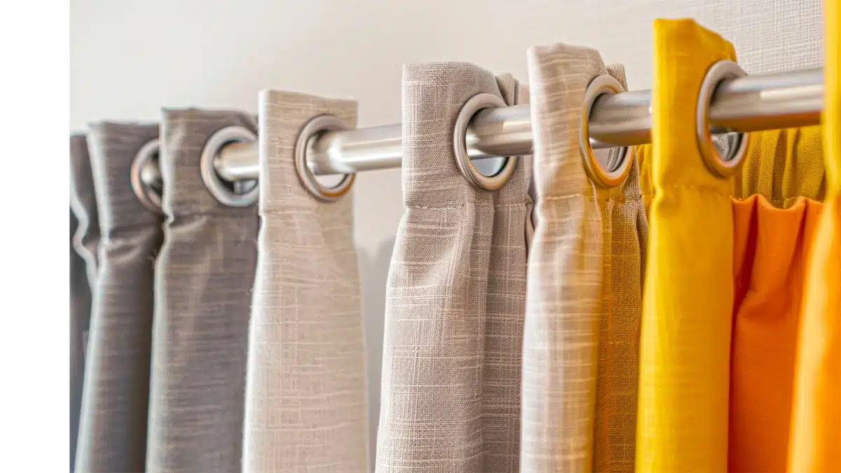 Comment accrocher des rideaux ? 4 idées Gros plan sur une tringle avec différents rideaux accrochés par œillets, idées et astuces pour bien accrocher ses rideaux