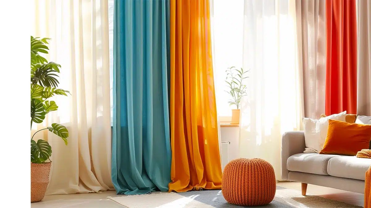 Comment choisir la couleur de ses rideaux ? Salon lumineux avec plusieurs rideaux colorés assortis à la décoration, guide pour bien choisir la couleur de ses rideaux