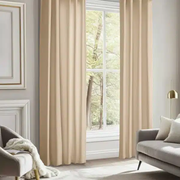 Rideau en velours beige remplaçant les rideaux blancs dans un salon moderne et lumineux avec des meubles gris, ajoutant une touche chaleureuse et raffinée.