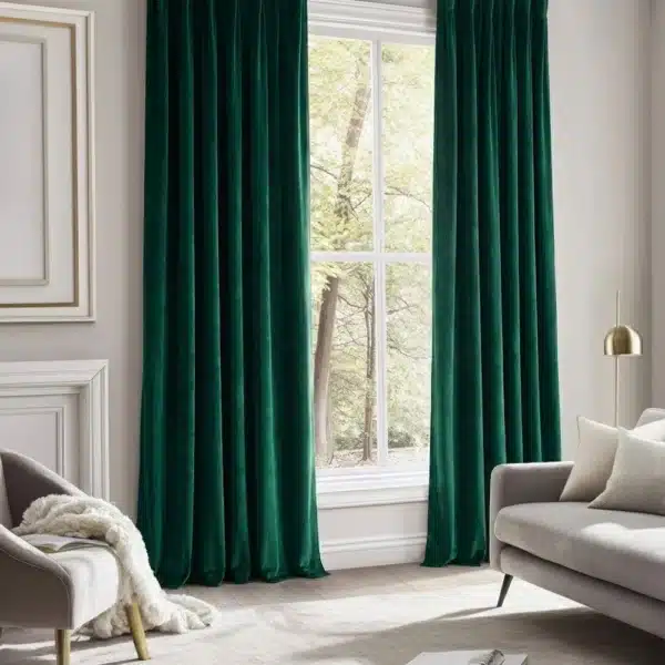 Coin lecture moderne avec fauteuil et lampadaire doré, mis en valeur par des rideaux en velours vert au tombé lourd et luxueux devant une grande fenêtre.