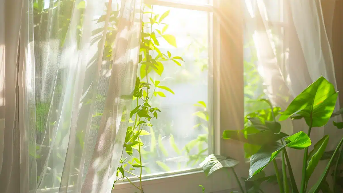 Guide 2025 des moustiquaires pour fenêtres et portes : choix, pose et conseils Fenêtre ouverte avec moustiquaire laissant passer la lumière, intérieur lumineux et plantes vertes – guide moustiquaires 2025