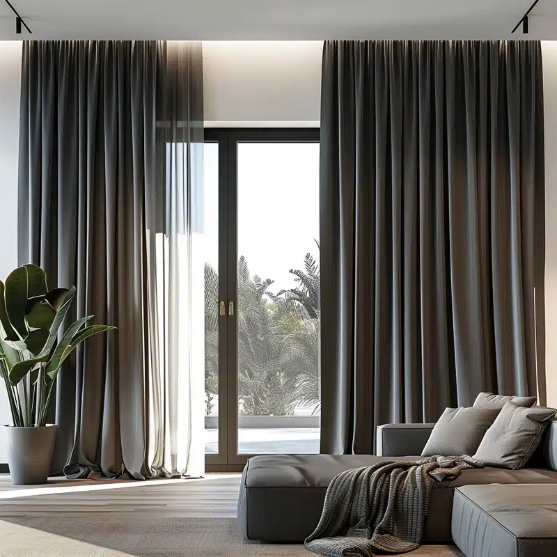 Rideau occultant gris foncé installé dans un salon moderne, tissu épais et élégant pour bloquer la lumière et créer une ambiance cosy