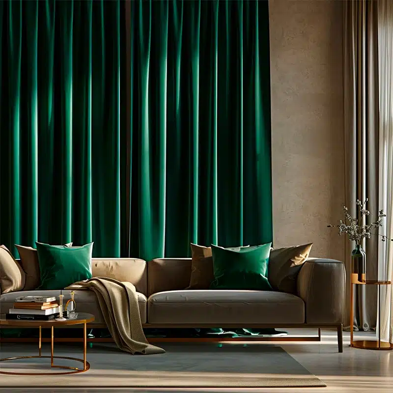 Rideau en velours vert émeraude installé dans un salon contemporain, tissu lourd et élégant pour une décoration chic et chaleureuse
