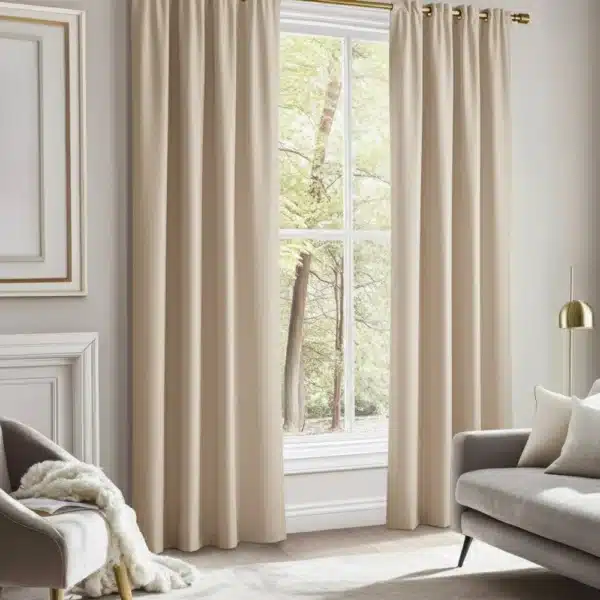 Rideau thermique épais occultant en coton beige, installé dans un salon design, vue 3/4. Le tissu lourd assure une isolation efficace.